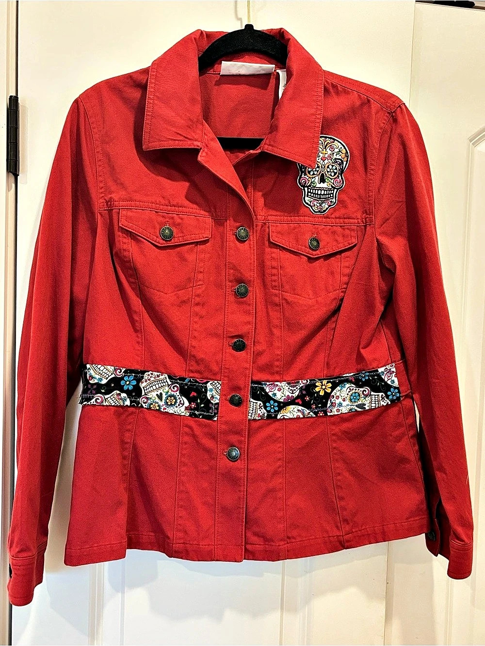 Vintage 100cotton First Issue Women’s M Red Jacket Sugar Skull Embroidered artsy